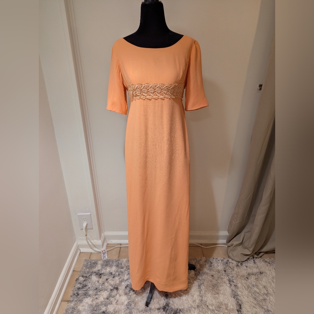 Vintage 1960s ILGWU Union Made Peach Orange Maxi Dress Lace Empire Waist